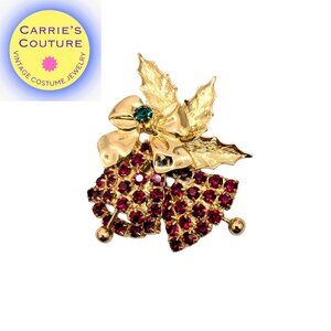 Vintage 1960s Signed Hobe Goldtone Faux-Garnet & Emerald Bells Brooch